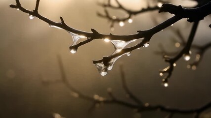 Close-up of tree branches adorned with glistening water droplets or ice formations, backlit by a soft, golden light creating a serene and ethereal natural scene. - Powered by Adobe