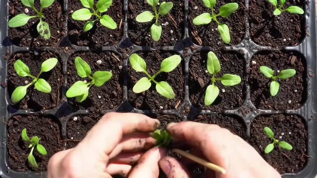 Top Down View of Hands Tending Seedling Grid. Gardening Work with a Wooden Planting Stick. Nurturing Plants in a Compartment Tray.