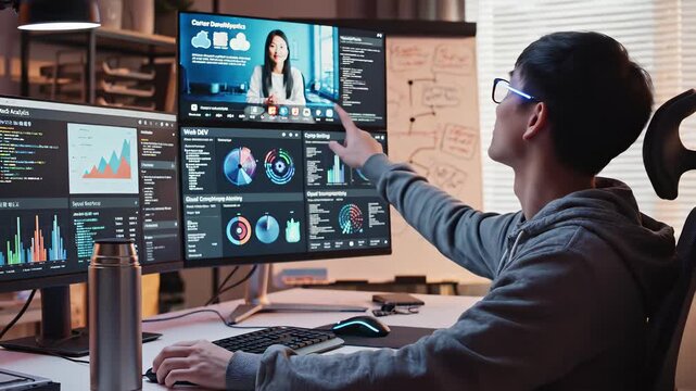 Man sitting at desk with monitors, savoring beverage while working late into night, capturing concept of future focused innovation where individuals drive technological advancements and shape.