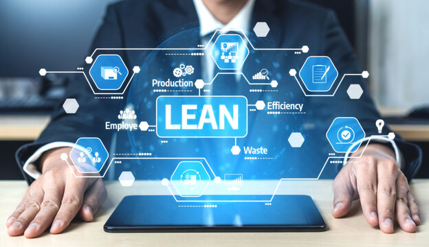 A businessman in a suit interacts with a tablet, showcasing the concept of lean management through data visualization, focusing on improving efficiency and reducing waste. Tessel - Powered by Adobe