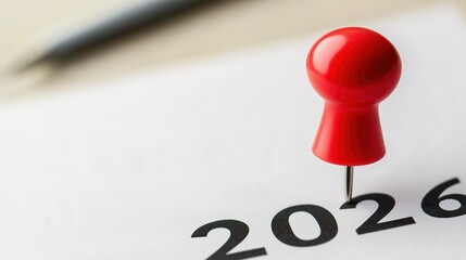 Red pin marks year &ldquo;2026&rdquo; on white paper