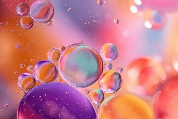 Abstract Macro Photography Of Colorful Bubbles In Fluid With Blurred Background And Various Colors