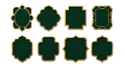 Elegant dark green and gold frame isolated on transparent background for design