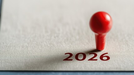 Red pin marks year &ldquo;2026&rdquo; on white paper