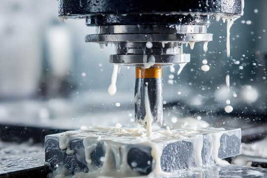 Close-up Shot of CNC Milling Machine in Operation with Metal Block and Cutting Fluid - Powered by Adobe
