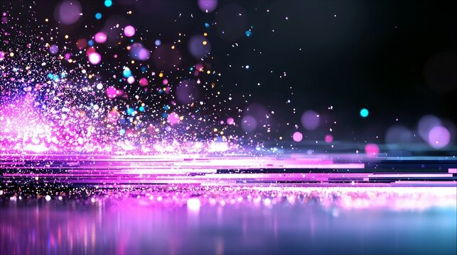 A dynamic and vibrant abstract scene featuring a burst of sparkling pink and purple particles with blurred bokeh lights and horizontal light streaks.