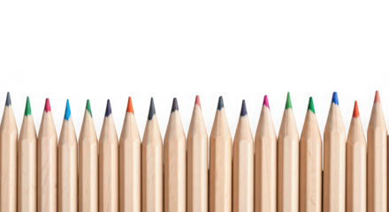Row of colored pencils isolated on transparent background, school and office supplies