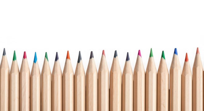 Row of colored pencils isolated on transparent background, school and office supplies