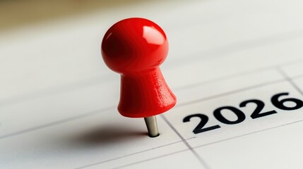 Red pin marks year &ldquo;2026&rdquo; on white paper