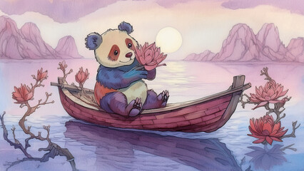A panda sitting gently on a sturdy wooden chair atop a small wooden boat, holding a pink lotus flower with both paws, glowing sunset sky, warm pastel colors, calm water surface, adorable and peaceful 