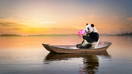 A panda sitting gently on a sturdy wooden chair atop a small wooden boat, holding a pink lotus flower with both paws, glowing sunset sky, warm pastel colors, calm water surface, adorable and peaceful 