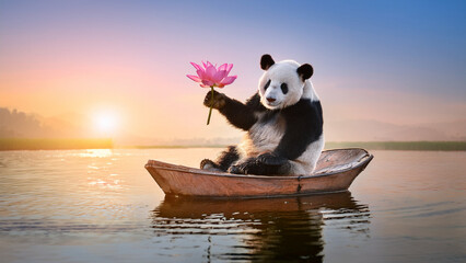 A panda sitting gently on a sturdy wooden chair atop a small wooden boat, holding a pink lotus flower with both paws, glowing sunset sky, warm pastel colors, calm water surface, adorable and peaceful 