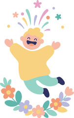 Joyful Flat Illustration of Excited Kid with Flowers and Confetti