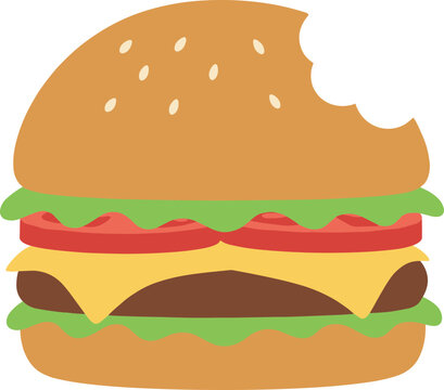 Flat Style Delicious Bitten Burger with Fresh Ingredients Food Illustration