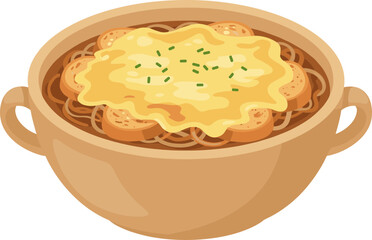 Flat Illustration of French Onion Soup with melted Cheese and Bread