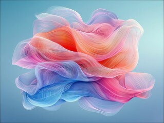 A dynamic abstract form composed of flowing, translucent strands in shades of blue, pink, and orange, set against a soft blue background.