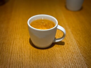 A cup of tea on a wooden table