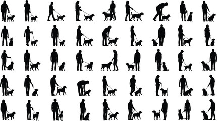 Dog, silhouette, interaction, human, pet, walking, training, companionship, animal, bond, leash, pose, black, white, design, vector, icon, activity, lifestyle, emotion
