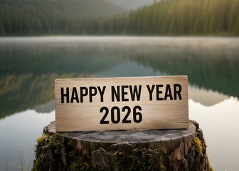 A scene featuring the year 2026 in bold black letters on a rustic wooden sign placed on a tree stump by a serene lake. Merry Christmas. Happy New Year. Happy New Year 2026.