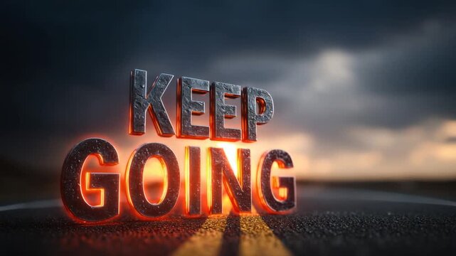 Keep Going" text, 3D metallic, illuminated by inner glow, placed on a highway, under a sunset sky