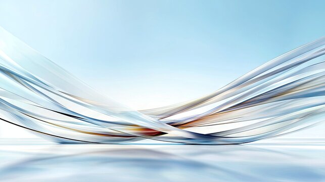 A dynamic abstract composition features translucent, flowing ribbons of light and color, creating a sense of movement and elegance against a serene blue backdro