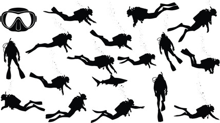 Scuba diving silhouettes, underwater exploration, marine life, shark encounter, diving gear, ocean adventure, flippers, bubbles, deep sea, aquatic activity ©  jahanara