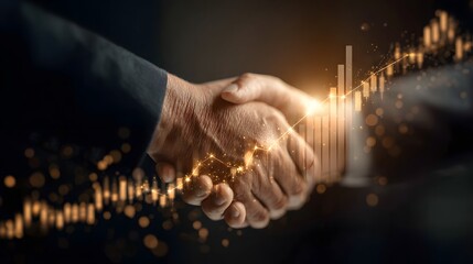 Business handshake overlayed with glowing graphs