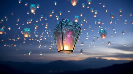 Sky Lanterns flying over mountain landscape in dark blue evening sky