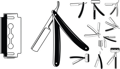 Vintage straight razor, safety razor, cartridge razor, shaving tools, grooming equipment, barber gear, traditional shave, modern razors, stylized illustration, comparison