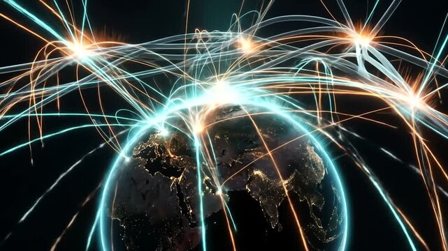 Global network connections visualized with vibrant lines over Earth at night