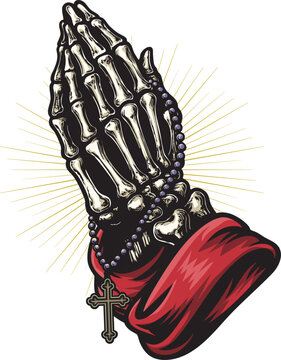 A bold and striking illustration of skeletal praying hands wrapped in a red cloth, holding a detailed rosary with a cross pendant. Radiant golden lines create a dramatic halo effect.