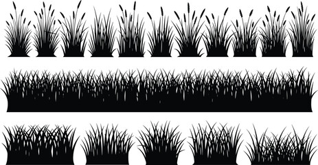Natural grass silhouette collection with detailed blades and wild plant clusters, versatile vector illustration set for landscaping designs, nature scenes, decorative outdoor artwork