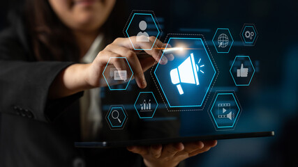 Digital marketing promotion strategy using megaphone, social media marketing, digital ads video...