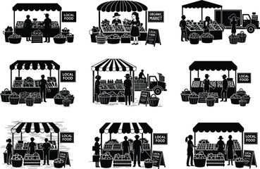 Nine different style local farm market vector illustration, black silhouette organic produce stand, farmers selling local food, vintage truck, eco-friendly agriculture design