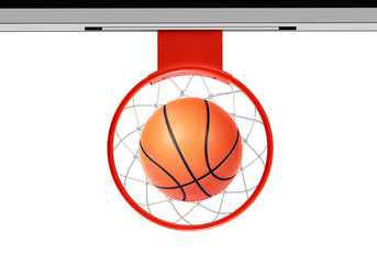 Top view. Orange basketball floating above the hoop net. Concept of success. scoring points and winning, transparent background