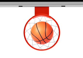 Top view. Orange basketball floating above the hoop net. Concept of success. scoring points and winning, transparent background