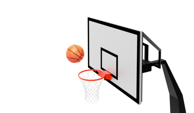 Orange basketball floating above the hoop net. Concept of success. scoring points and winning, transparent background