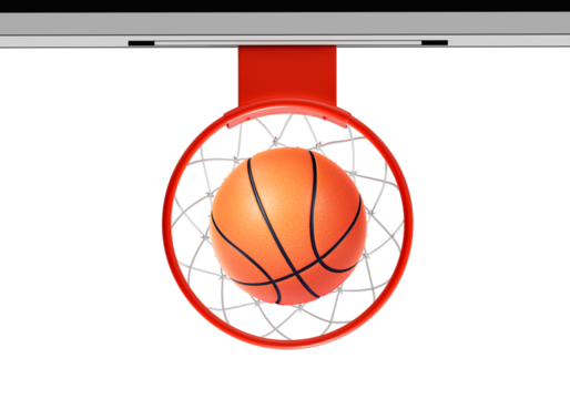 Top view. Orange basketball floating above the hoop net. Concept of success. scoring points and winning, transparent background