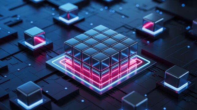 A digital cube structure with neon lights and dark background in a futuristic design concept art