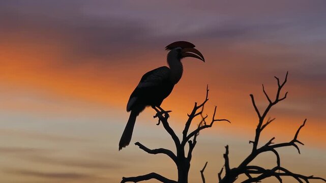 A majestic Shoebill stork silhouette perches atop a bare, thorny tree branch against a dramatic, colorful African sunset, highlighting its massive, distinctive beak