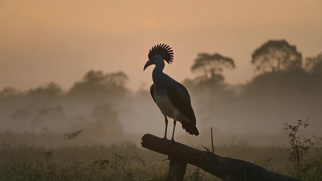 A silhouetted Maleo bird standing tall on a log or low branch at sunrise or sunset in a fogg