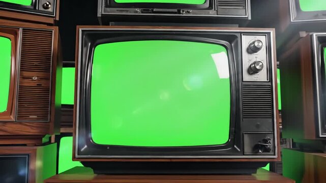 Green Screen stacked vintage television dolly in you can replace with the footage or picture want do it lkeyingr effect after effects 4k scene 1 distortion, overlay, glitch, static noise, scan lines