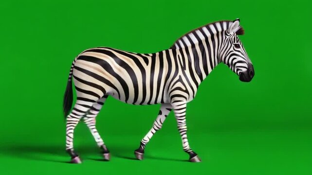 A zebra walking across a green screen in a studio with its black and white stripes visible zebra green screen video