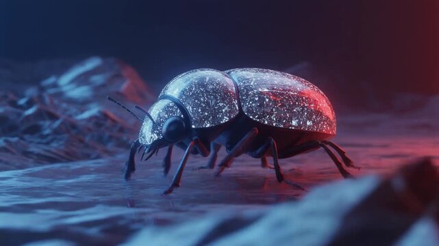 Diamond-encrusted beetle crawling across a textured surface in blue and red lighting