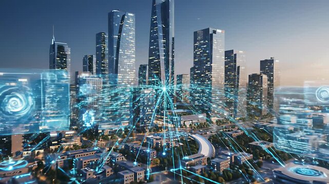 Flying device soaring through cityscape, amidst towering skyscrapers aglow with vibrant lights, capturing the concept of technological innovation where progress meets limitless possibility.