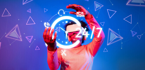 A dynamic scene depicting a virtual reality support agent providing 24 7 customer service. Innovative technology visuals create a vibrant, engaging atmosphere for assistance. XDMCP