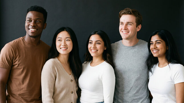 Diverse group of young adults smiling standing together against a dark background representing unity and communi
