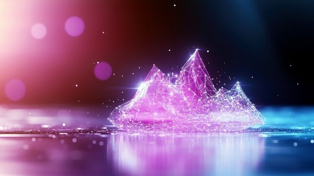A polygonal, wireframe mountain range glows with pink and blue light, set against a dark background with bokeh effects.