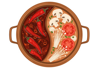 This vibrant top-down illustration depicts a traditional divided hot pot, featuring a fiery red broth teeming with chilies alongside a mild soup filled with fresh mushrooms, tomatoes, and scallions