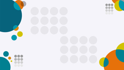 Modern, Minimalist Vector Background with Abstract Geometric Shapes: Overlapping Teal, Orange, and Yellow Circles Layered Over a Pattern of Light Gray Grid Dots on a Clean White Canvas, Conveying a Se